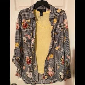 Polly &. Esther long/mid sleeve button up shirt with yellow tee shirt, short slv